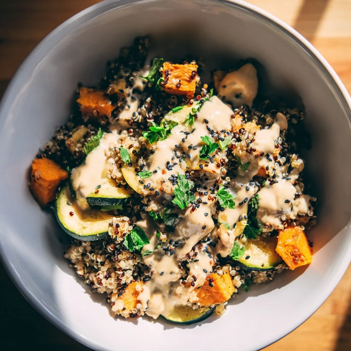 Golden roasted zucchini, red bell pepper, and sweet potato mingle with fluffy quinoa in this Roasted Vegetable Quinoa Bowl with Tahini. Fresh parsley and sesame seeds garnish the vibrant, healthy lunch bowl.