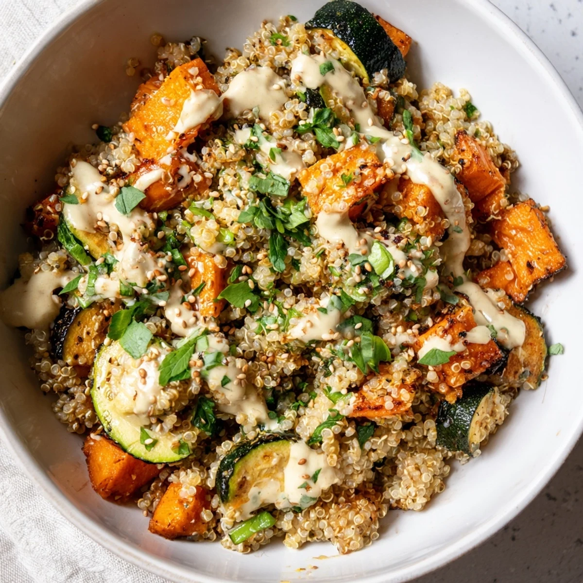 A close-up of the Roasted Vegetable Quinoa Bowl with Tahini showcases creamy dressing drizzled over caramelized vegetables. The colorful mix makes an inviting, easy vegan dinner recipe.