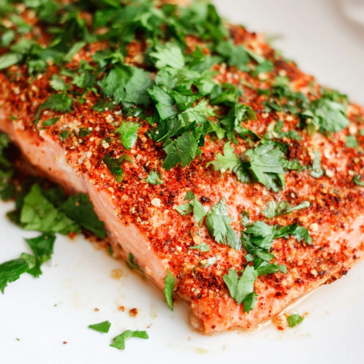 Perfectly baked Baked Salmon with Cajun Seasoning and Lime fillets rest on a baking sheet, topped with fresh lime slices and vibrant cilantro garnish.
