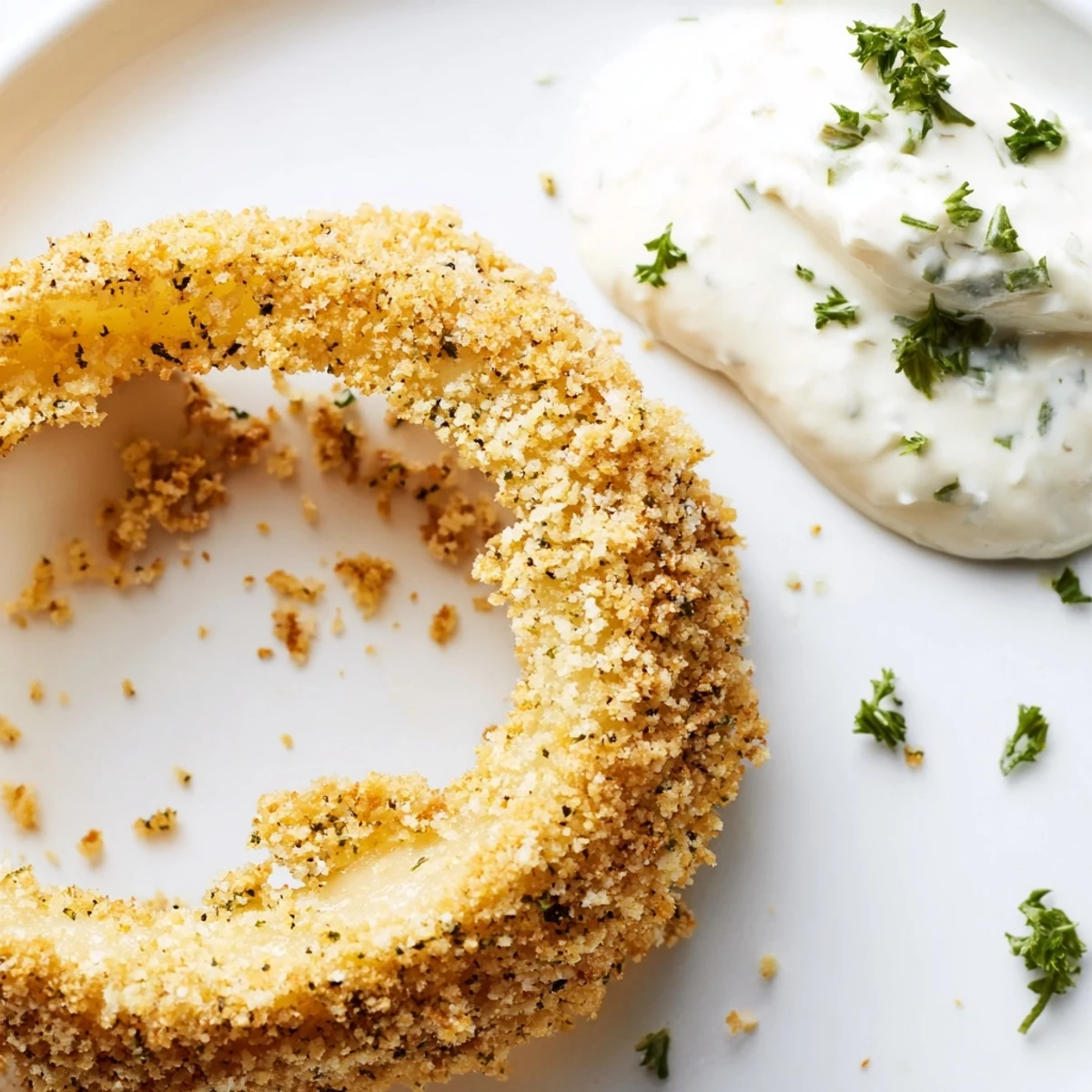 Freshly baked Crispy Baked Onion Rings with Ranch Dressing stacked high, showing golden brown panko crumbs and white onions inside.