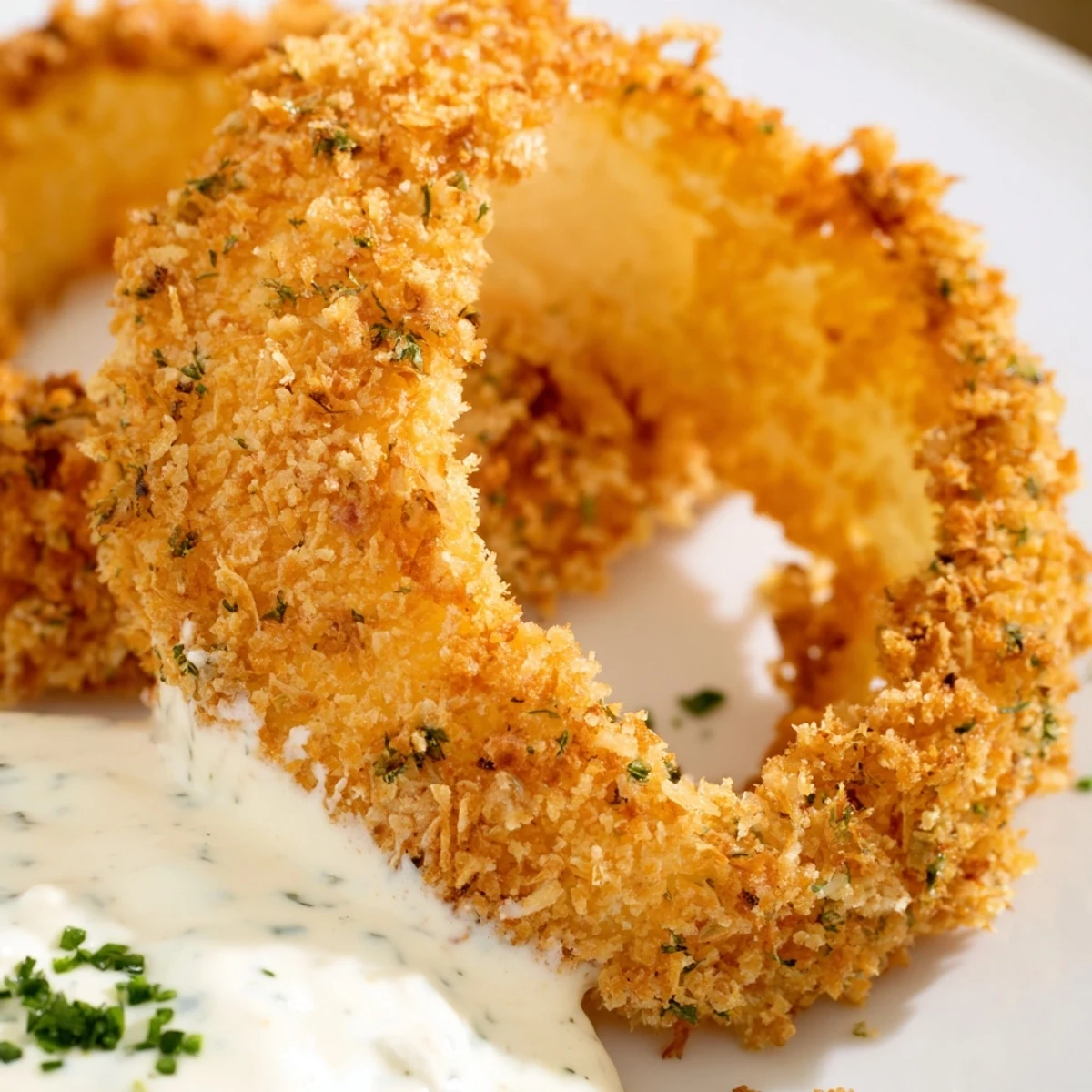 Close-up of Crispy Baked Onion Rings with Ranch Dressing revealing crunchy texture and tender onion layers on a marble countertop.