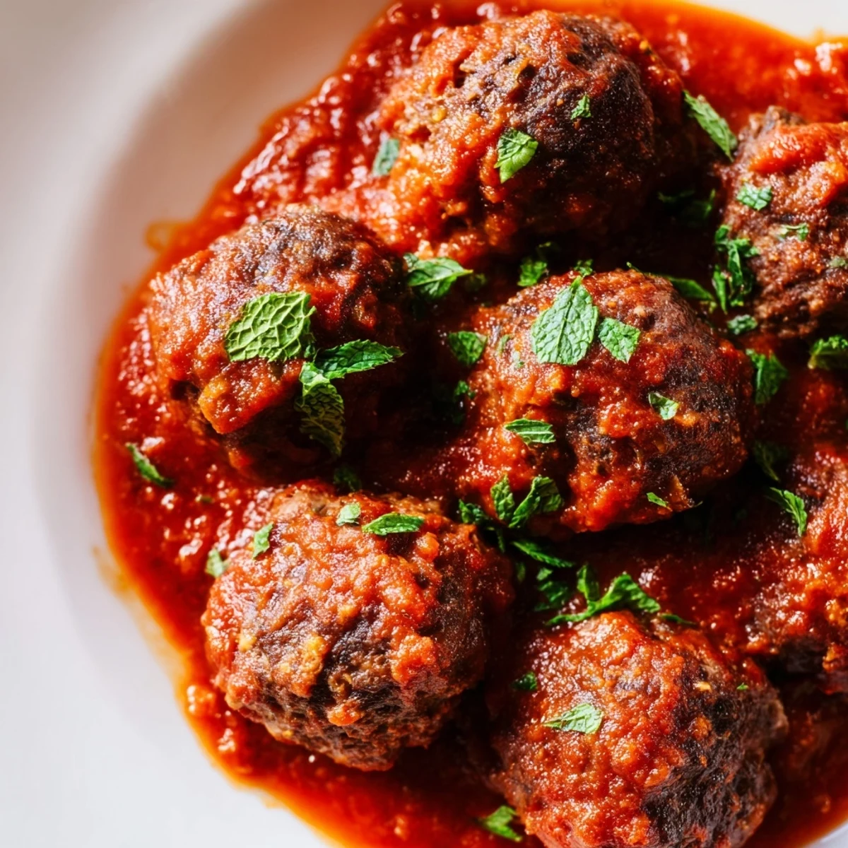 Golden-baked Spiced Lamb Meatballs nestled in a savory tomato sauce, finished with fresh mint and served over couscous.