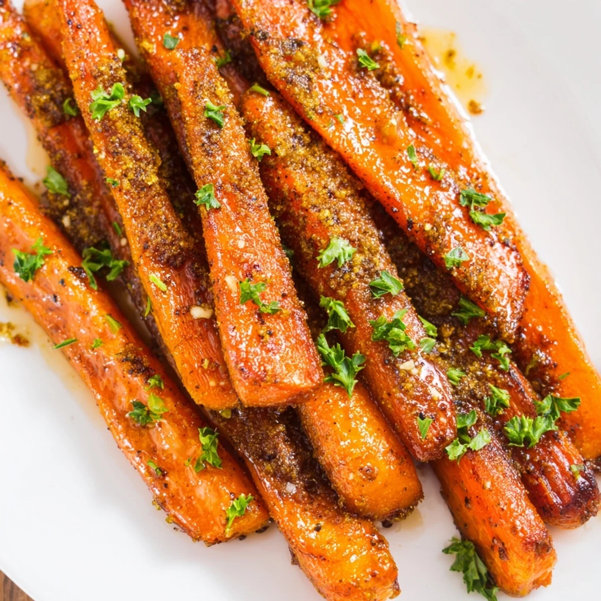 Golden roasted carrots with honey and cumin on a baking sheet, glistening and caramelized, ready to serve for dinner.
