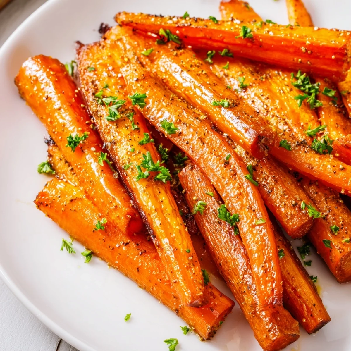 Freshly roasted carrots with honey and cumin topped with parsley, placed on a rustic platter alongside roasted chicken.