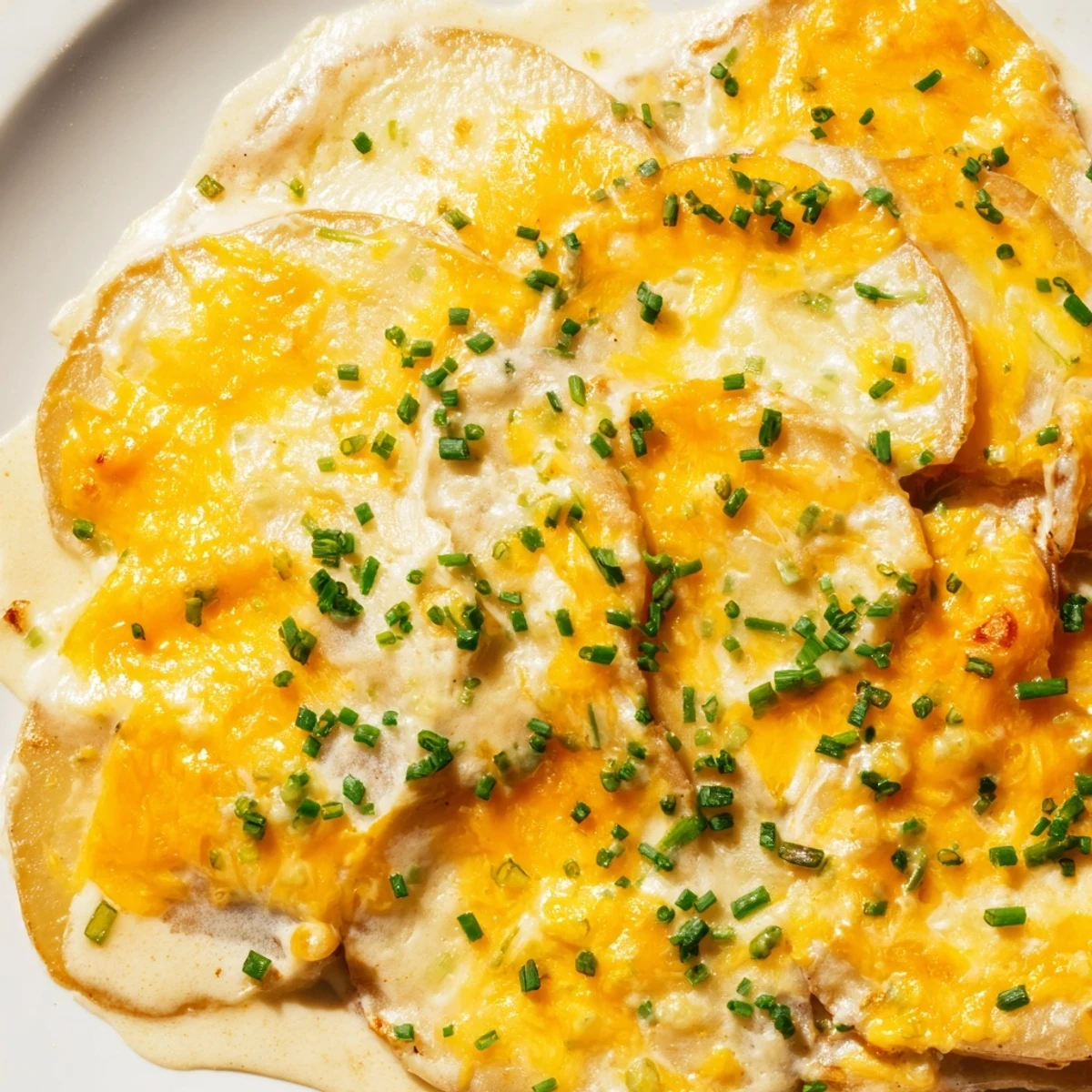 Golden, bubbly Cheesy Scalloped Potatoes with Cream fresh from the oven, garnished with chopped chives.