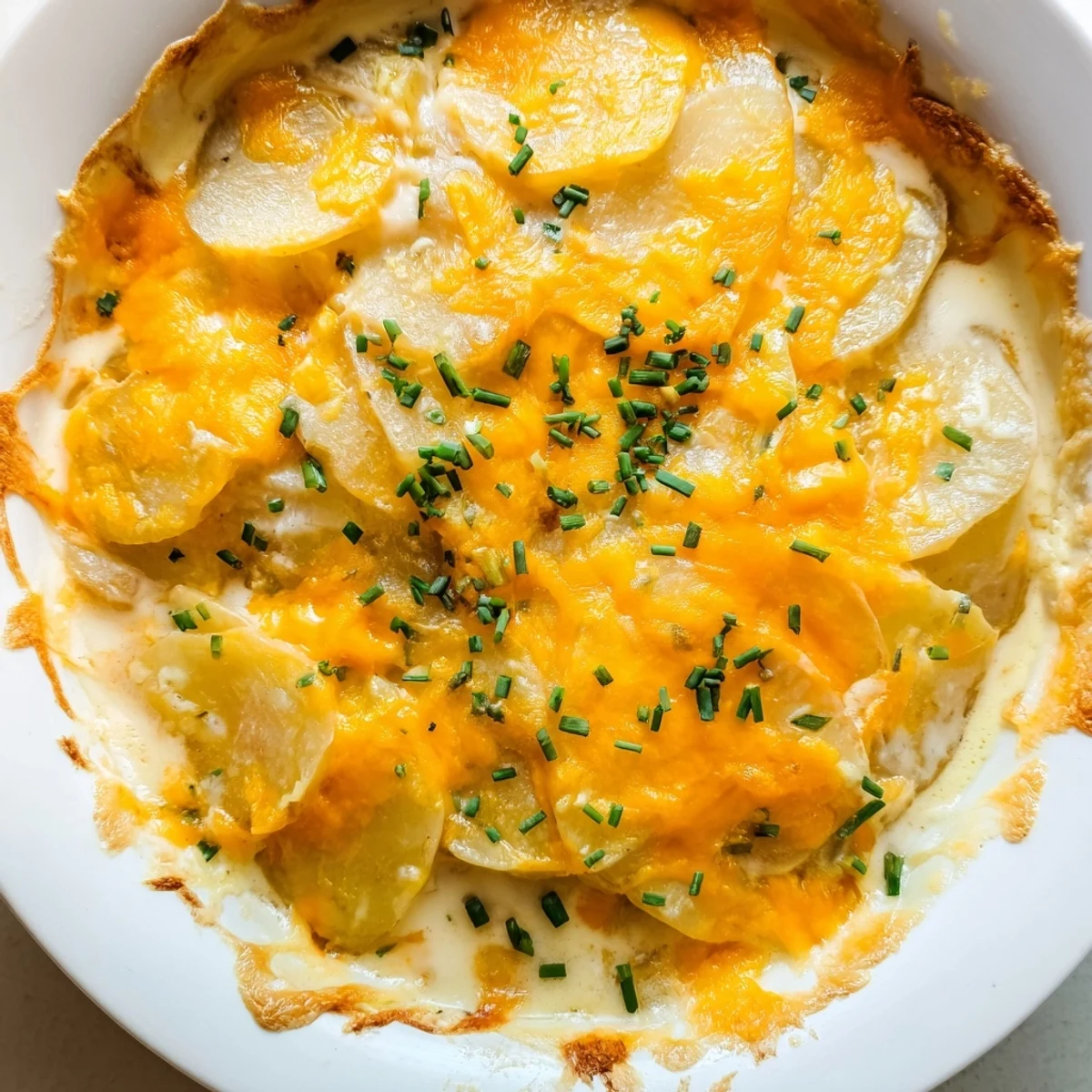 Thinly sliced potatoes layered in a rich, creamy cheese sauce in a 9x13-inch baking dish.