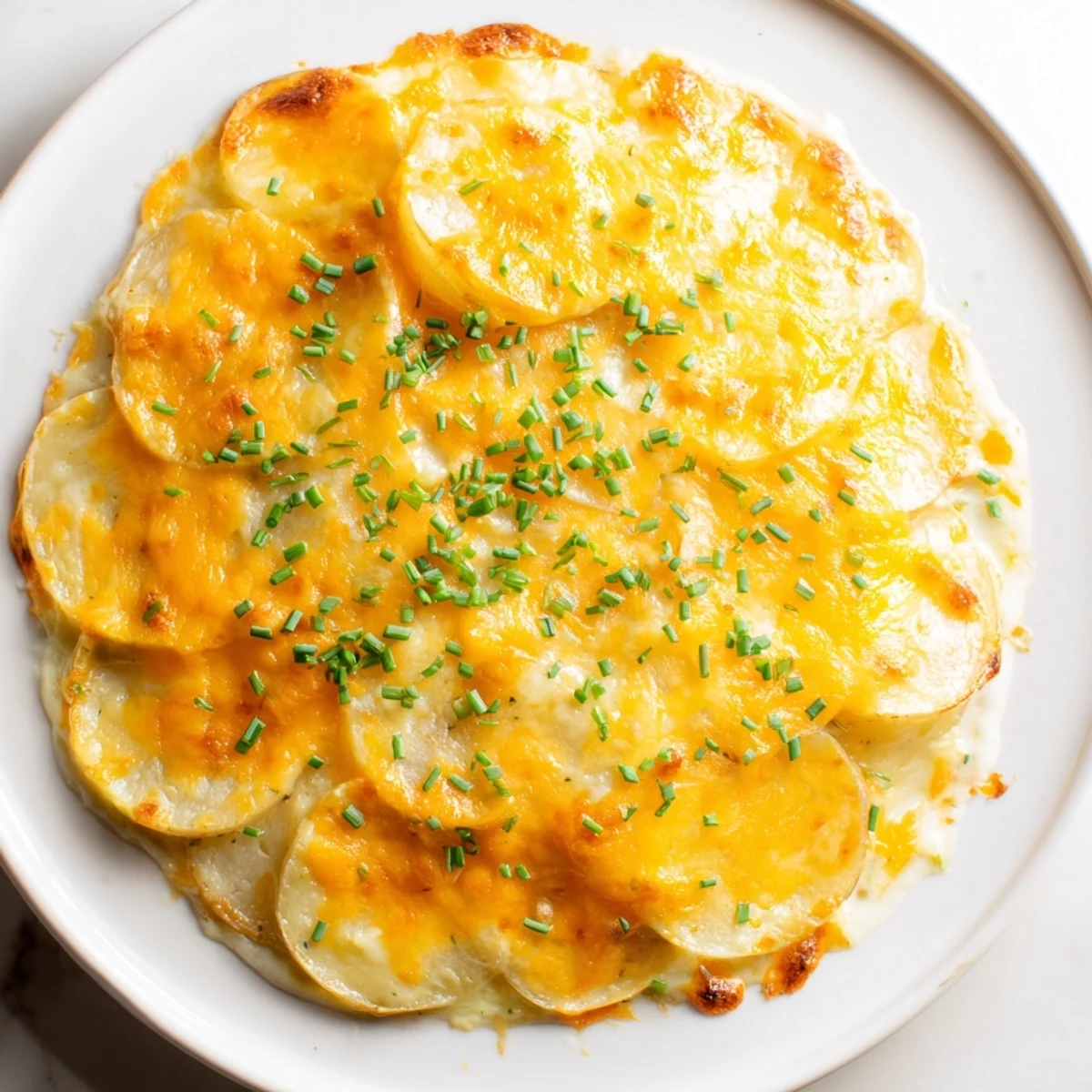 Steaming Cheesy Scalloped Potatoes with Cream served alongside roast chicken for a comforting family dinner.