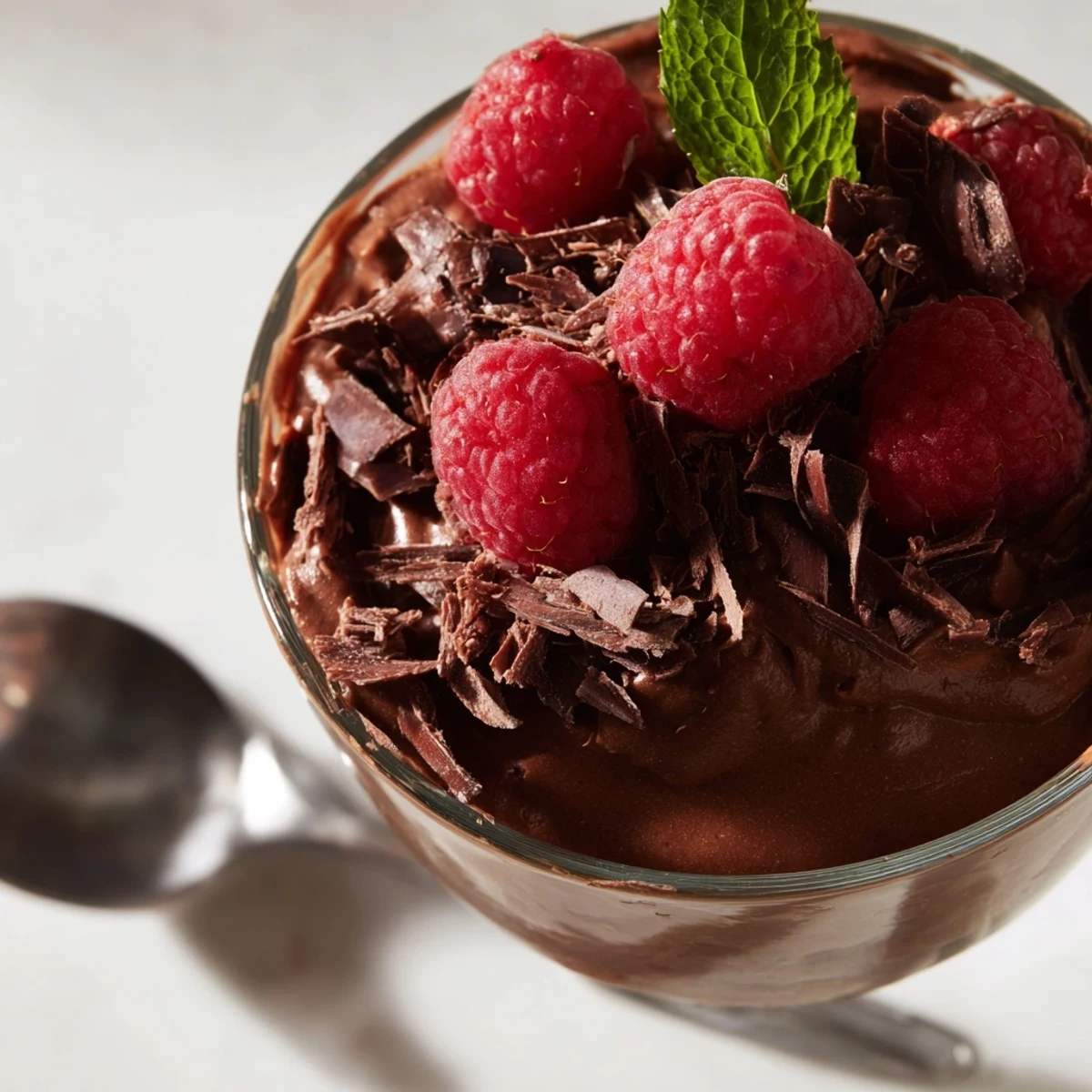 Six elegant glasses of dark chocolate mousse with raspberries and shavings, perfect for an intimate dinner party.