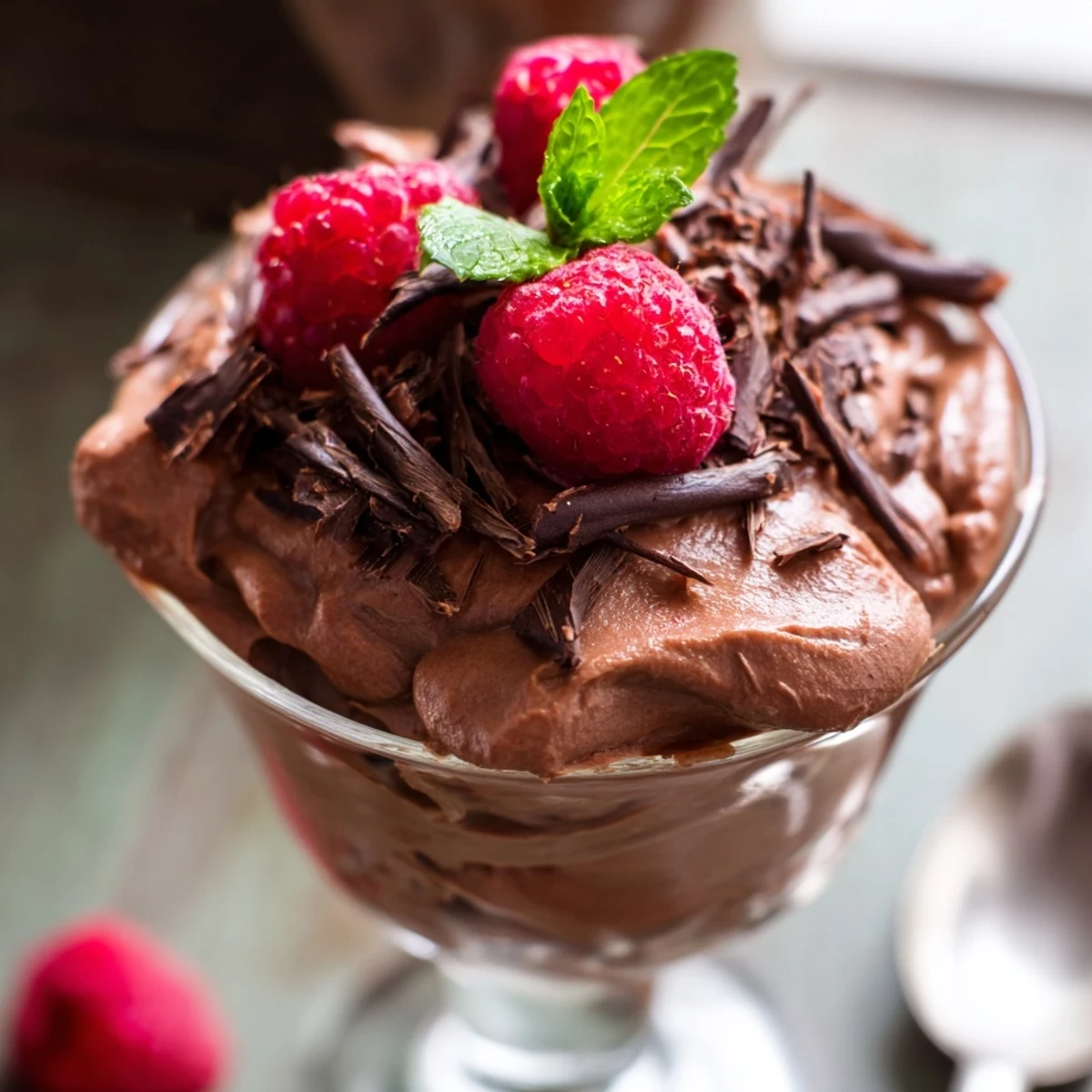 A spoonful of velvety chocolate mousse cups with raspberries, featuring rich cocoa flavor and tart berry contrast.