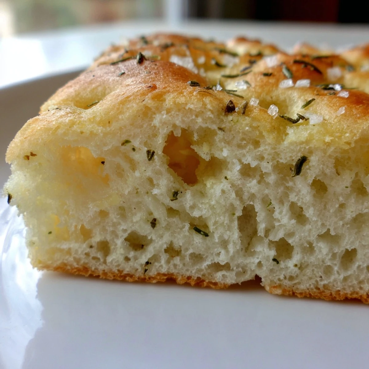 Fresh-baked Garlic Herb Focaccia Bread with Rosemary steaming on a wire rack, showcasing golden dimples and aromatic herbs. 