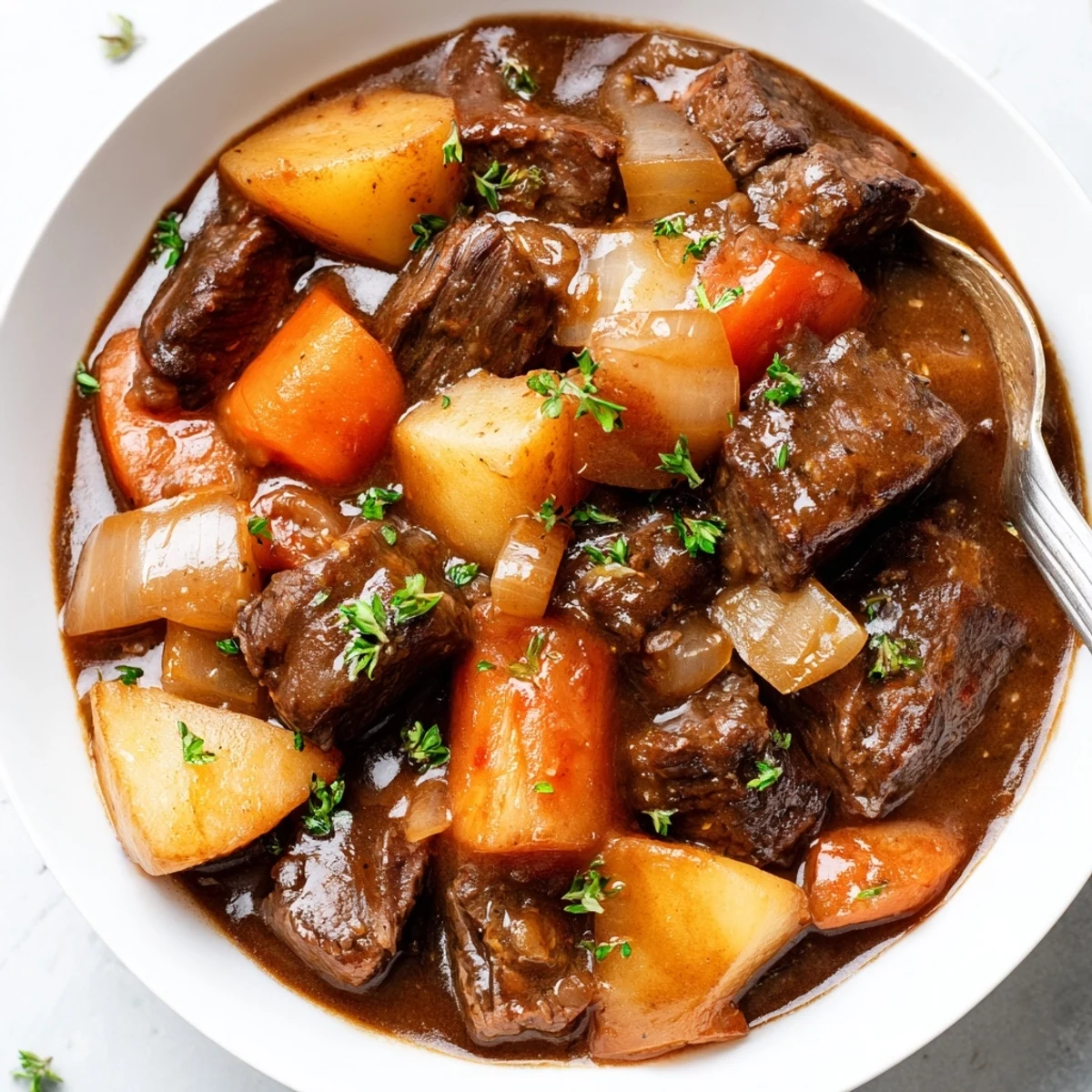 A hearty serving of Beef and Guinness-Style Alcohol-Free Stew with crusty bread for dipping on the side.