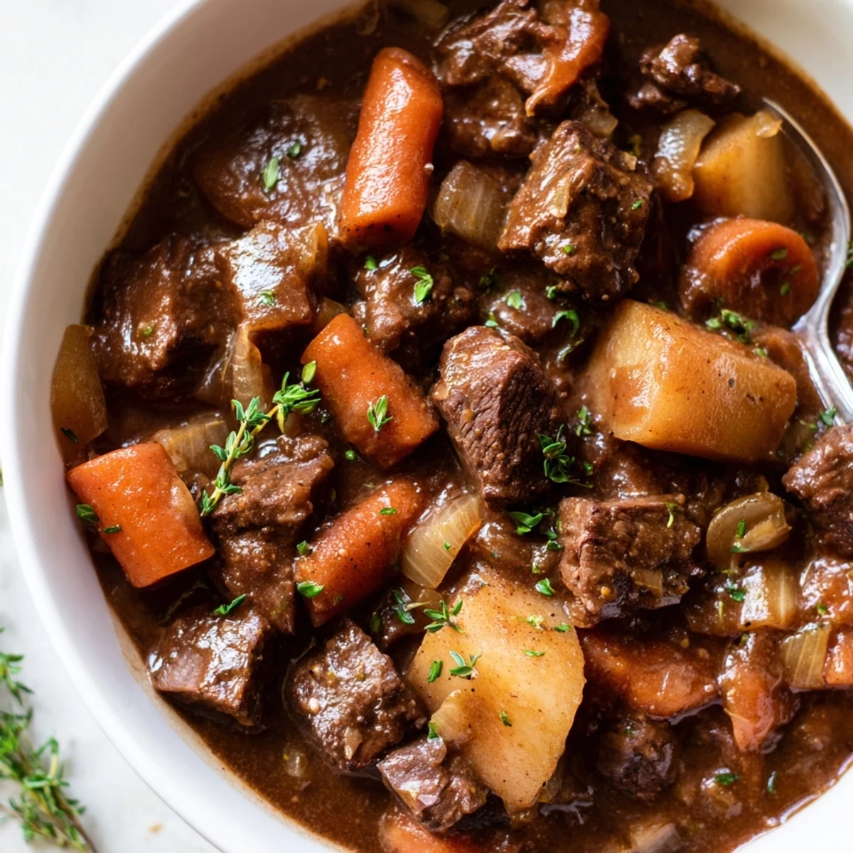 Beef and Guinness-Style Alcohol-Free Stew steaming in a rustic bowl garnished with fresh parsley.