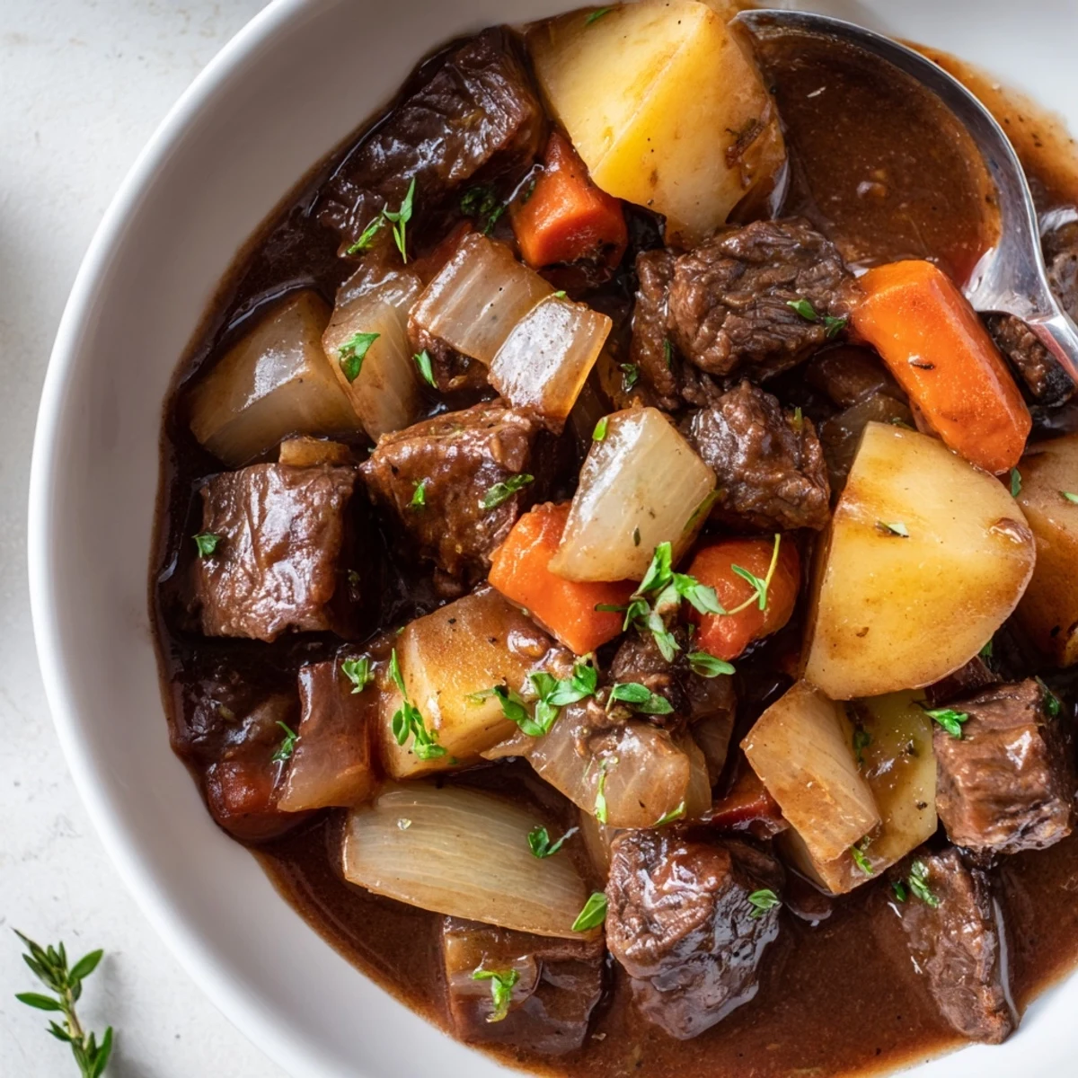 Close-up on tender beef and root vegetables in Beef and Guinness-Style Alcohol-Free Stew, simmering in rich broth.