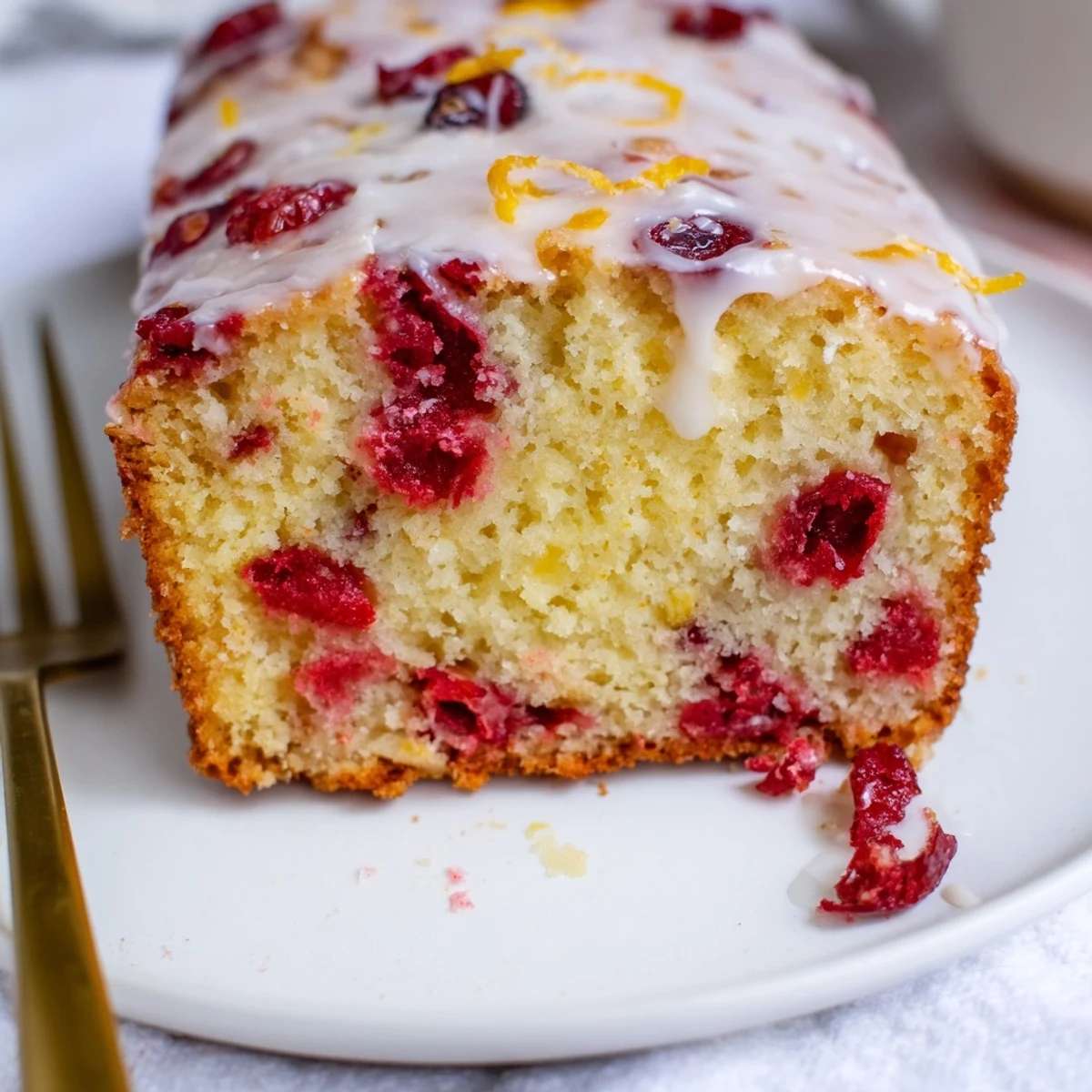 A sliced Cranberry Orange Loaf with glaze shows moist crumb and tart red berries on a rustic wooden board.
