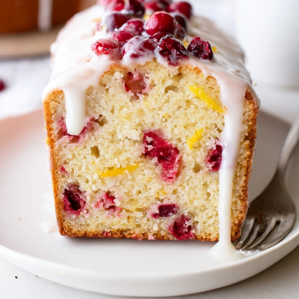 Freshly baked Cranberry Orange Loaf with glistening glaze and orange slices offers a bright, zesty breakfast treat.