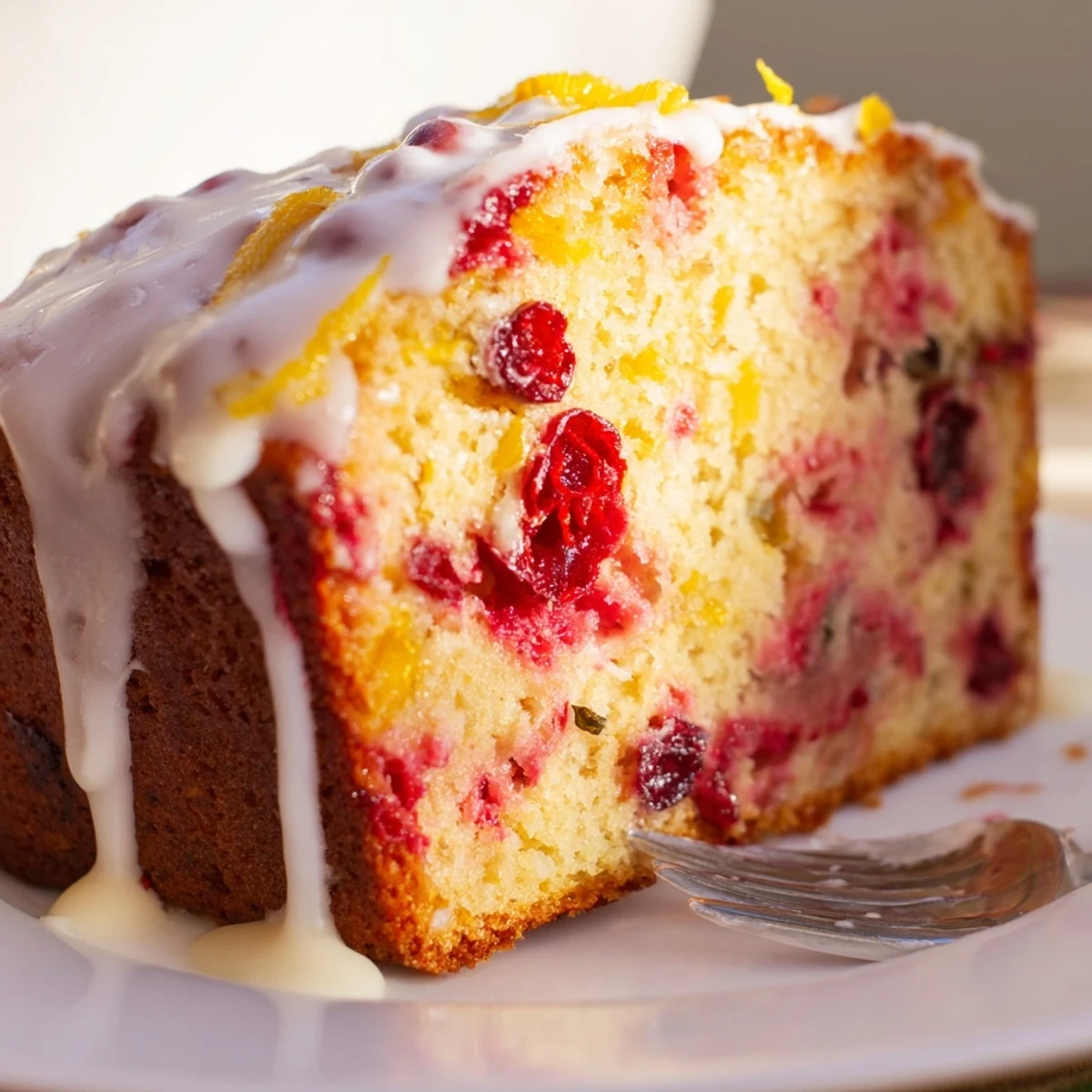 Golden-brown Cranberry Orange Loaf drizzled with sweet glaze on a ceramic platter, paired with a warm cup of tea.