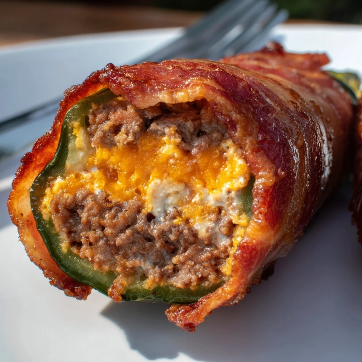 Close-up view of Spicy Jalapeno Poppers with Bacon Beef showcasing melted cheese filling and smoky bacon wrapping.