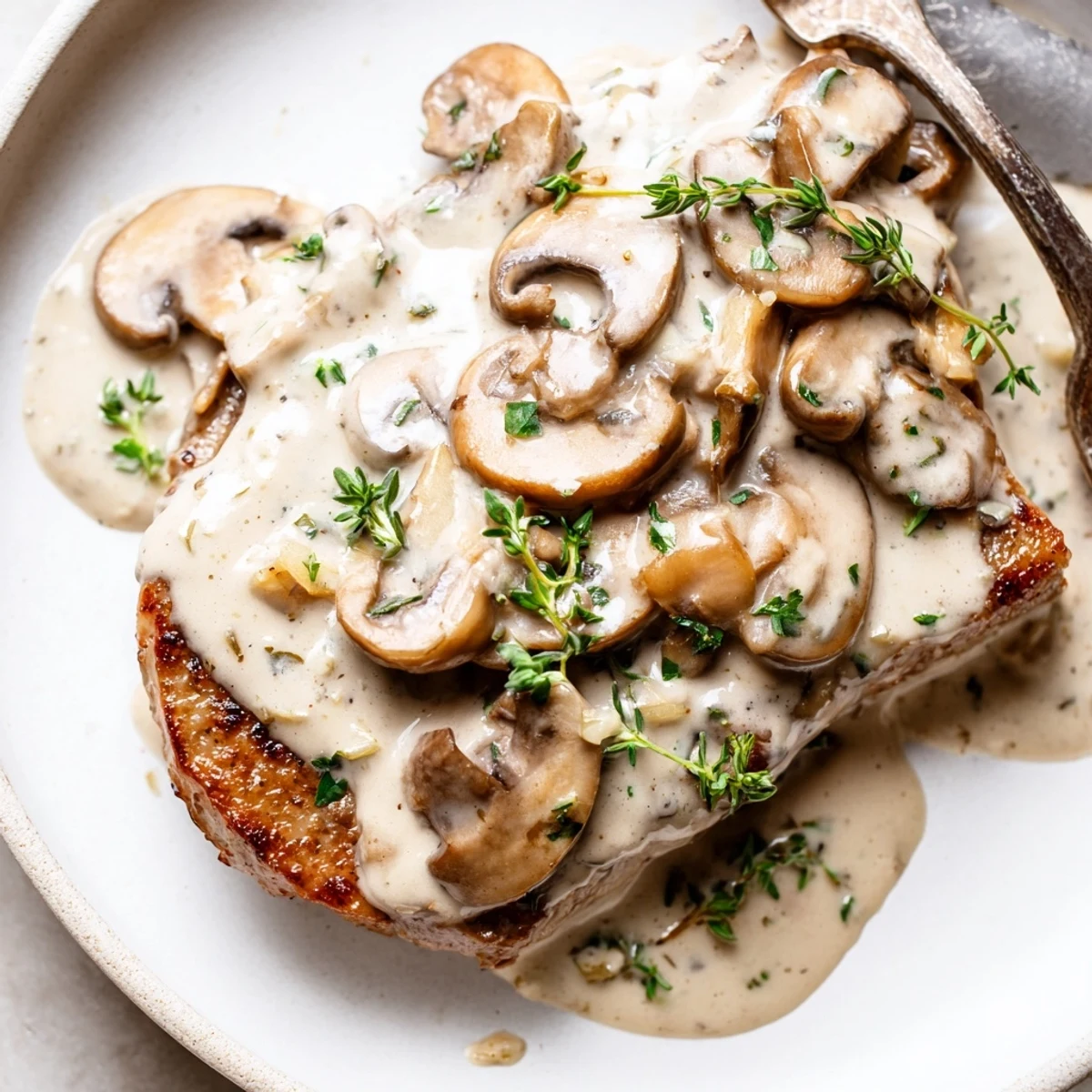 Thick, creamy mushroom sauce for steak with sautéed cremini, shallots, and fresh thyme.