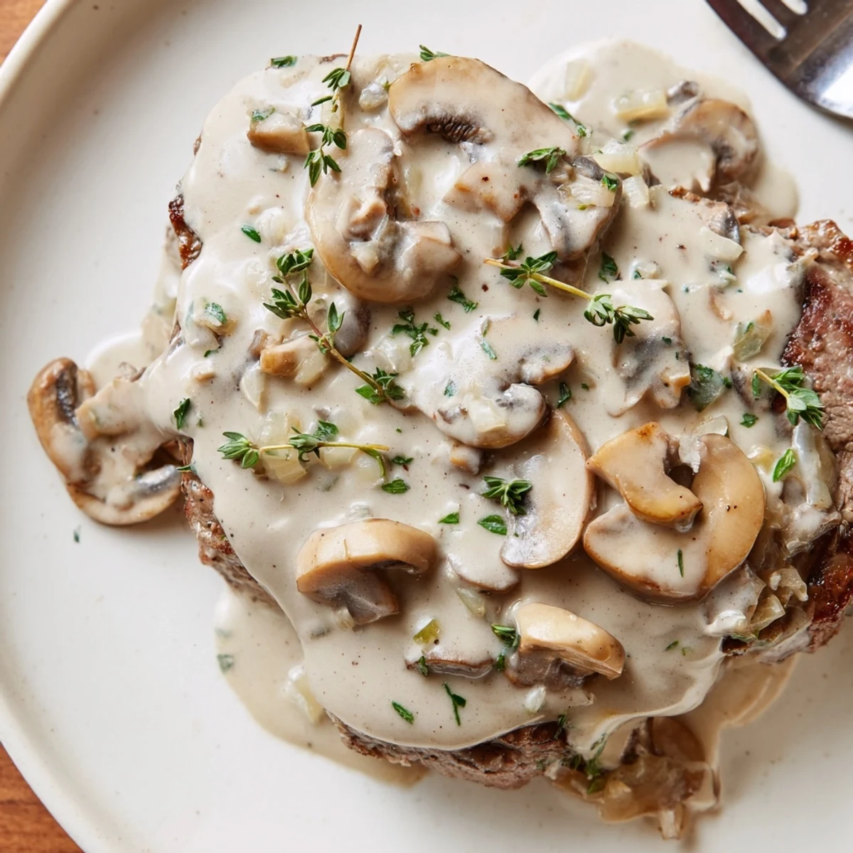 Pour this creamy mushroom sauce for steak over sliced sirloin with a sprinkle of fresh parsley.