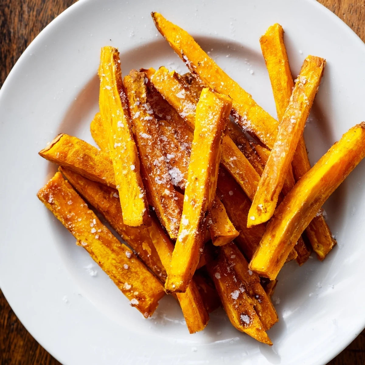 Freshly baked Crispy Sweet Potato Fries with Sea Salt, golden-brown and served hot with a side of ketchup on a plate.