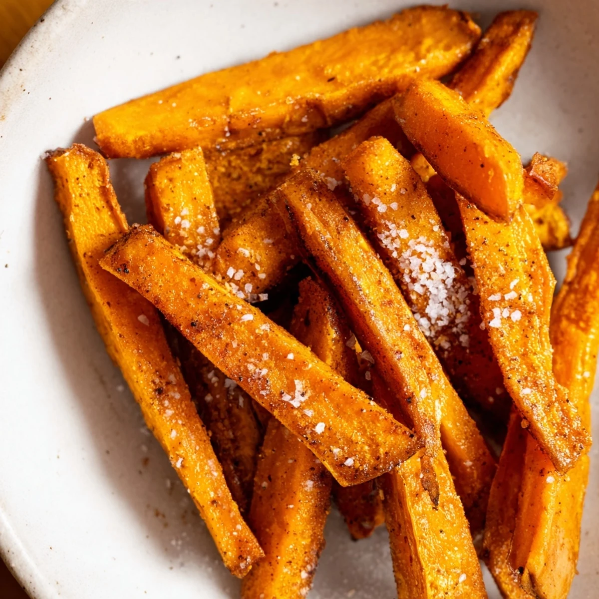Oven-roasted Crispy Sweet Potato Fries with Sea Salt, perfectly seasoned and arranged on a parchment-lined baking sheet straight from the kitchen.