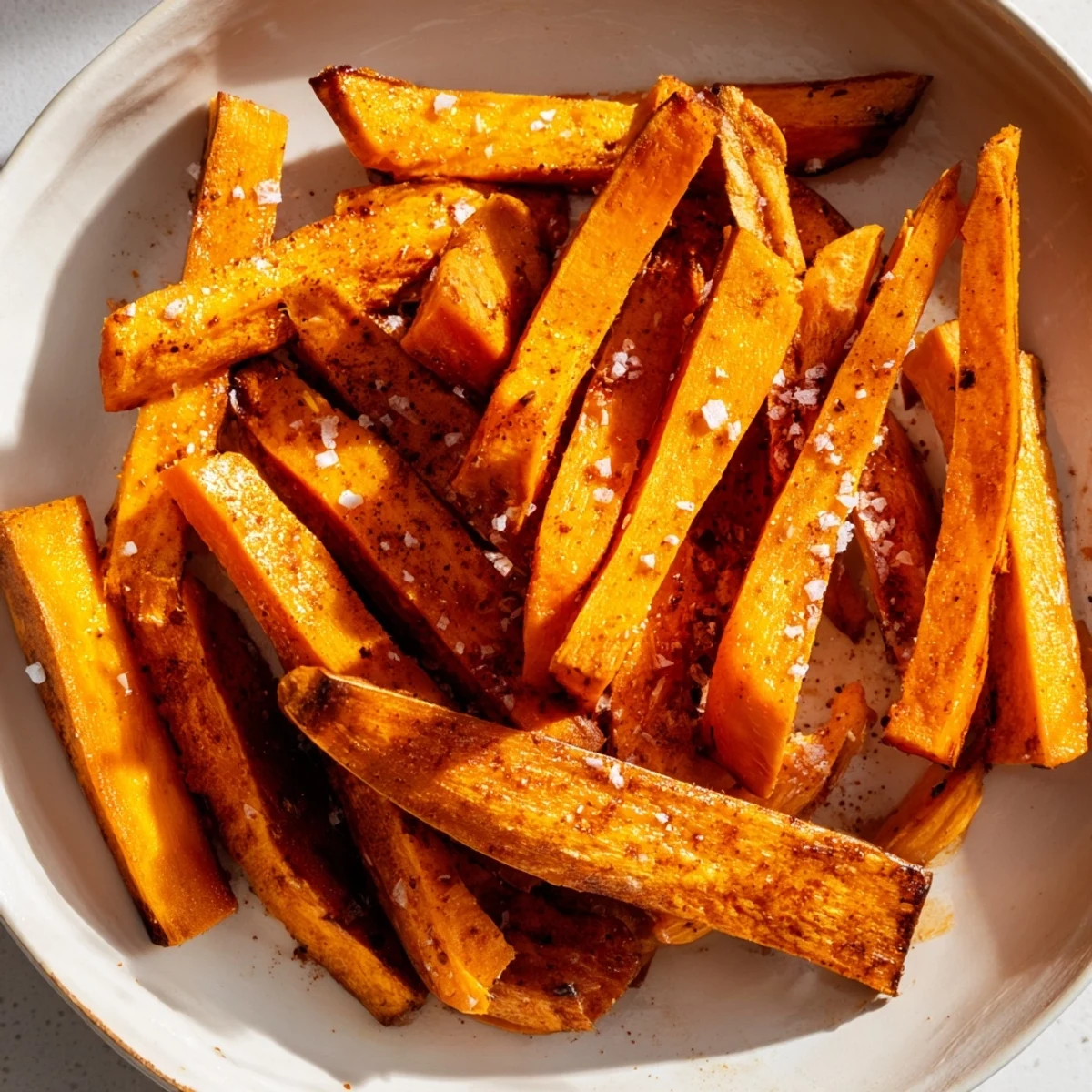 Homemade Crispy Sweet Potato Fries with Sea Salt, served warm alongside creamy dipping sauces for a delicious side dish or snack.