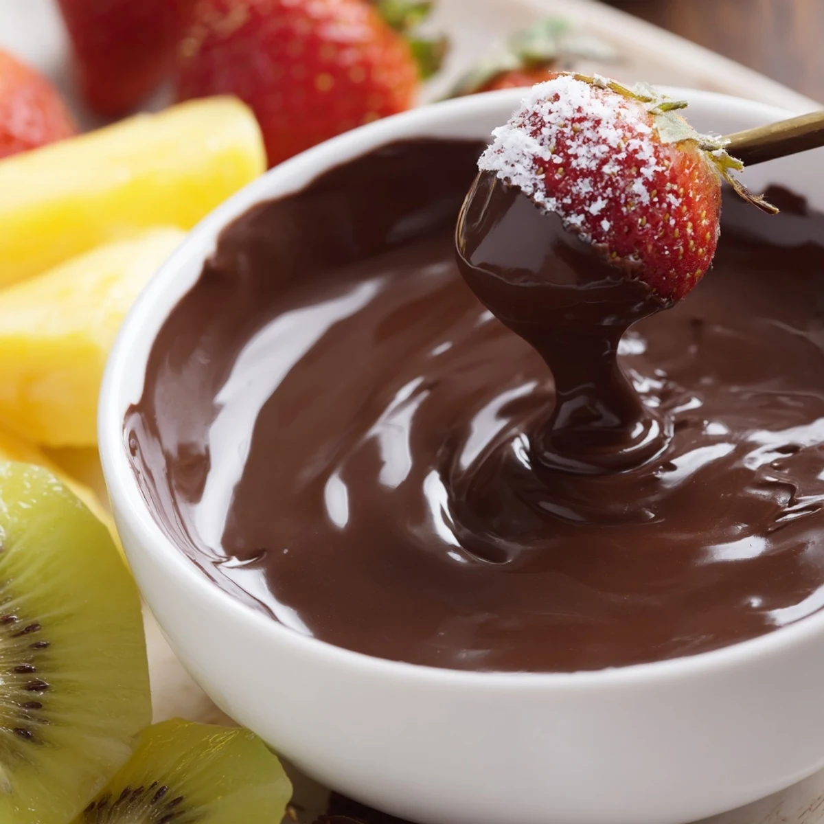 Freshly sliced banana, apple wedges, and ripe strawberries surround a warm pot of silky Chocolate Fondue, ready for dipping.