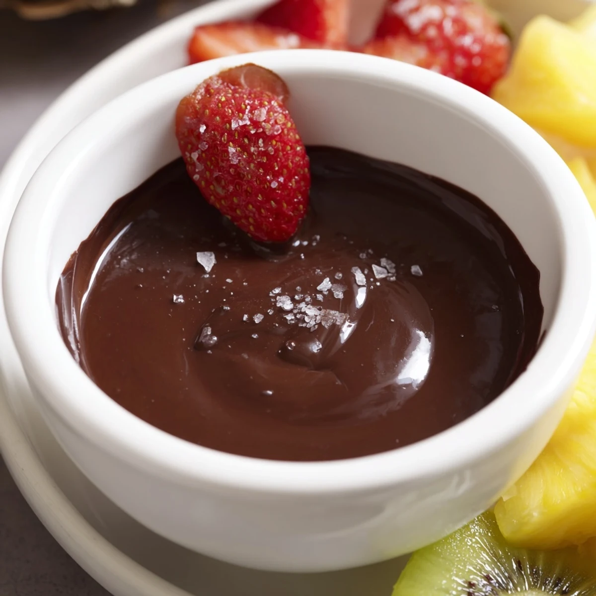 Plump grapes and bright orange segments are arranged beside a small bowl of smooth, glossy Chocolate Fondue.