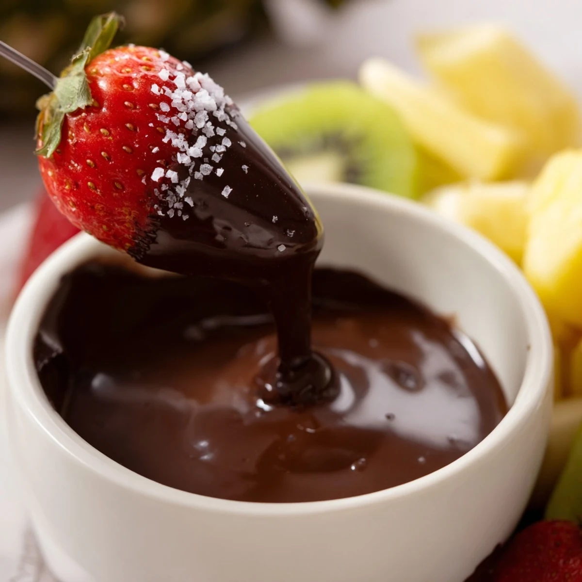 A steaming cup of Chocolate Fondue with kiwi and pineapple chunks, perfect for a cozy dessert party.