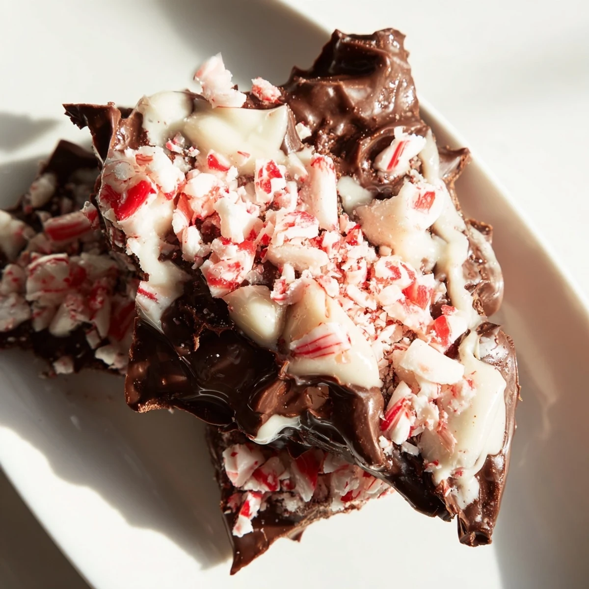 Broken shards of Peppermint Bark with White Chocolate are plated beside a steaming mug for a cozy holiday snack.