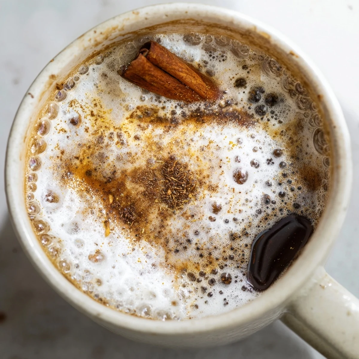Close-up on Spiced Chai Latte with Foam, highlighting rich foam and a cinnamon stick garnish on top. 