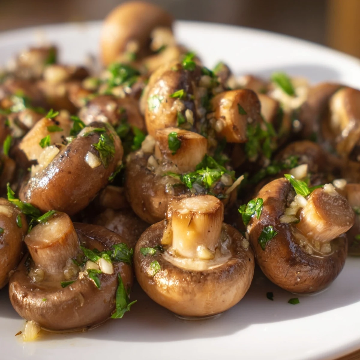Perfectly golden Garlic Butter Mushrooms with Parsley garnished with fresh herbs, paired with grilled chicken.