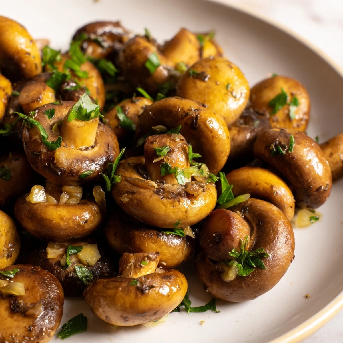 Warm Garlic Butter Mushrooms with Parsley tossed in a glossy sauce, ideal over toasted bread.