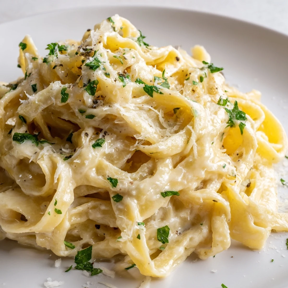 Creamy Alfredo Sauce with Fettuccine twirls in a rich, cheesy sauce, topped with fresh parsley.