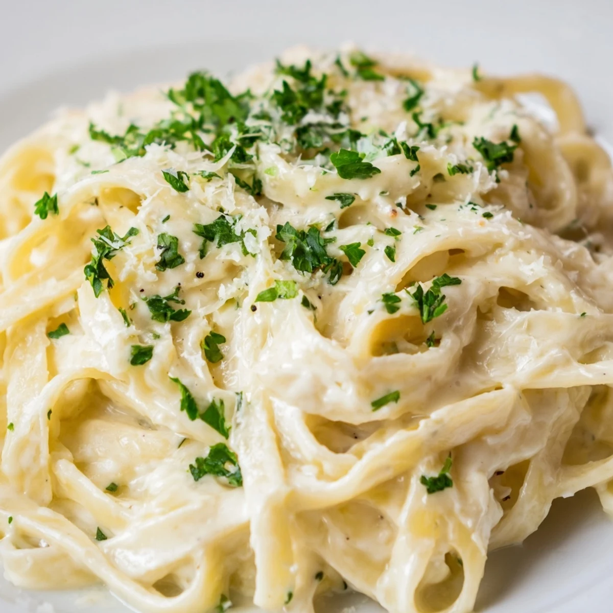 Silky fettuccine noodles coated in a buttery Creamy Alfredo Sauce with Fettuccine, steaming on a plate.