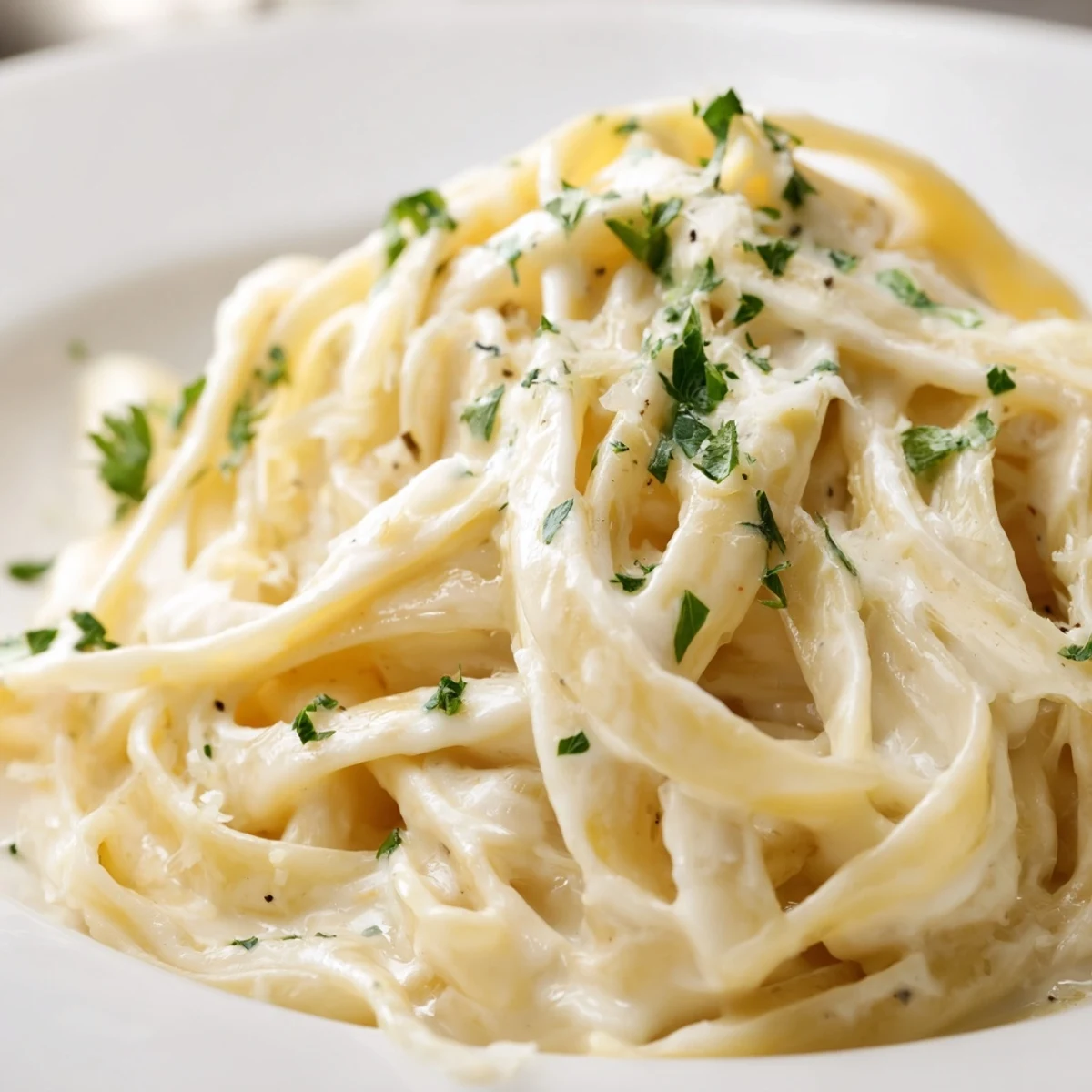 A fork lifts a bite of Creamy Alfredo Sauce with Fettuccine, paired with white wine.