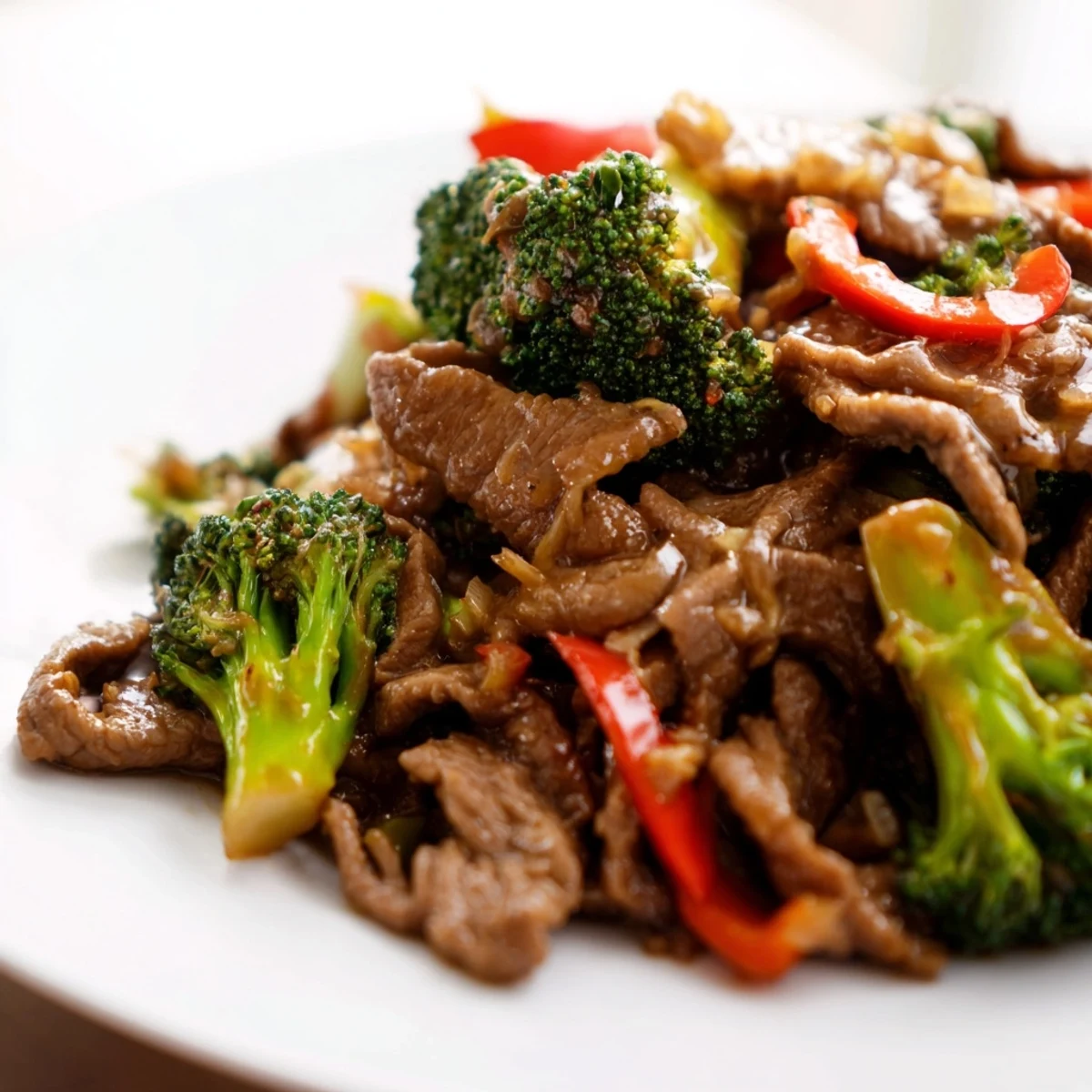 Tongs lifting a serving of Spicy Beef Stir Fry with Broccoli from a hot wok, surrounded by fresh broccoli florets and red bell peppers.