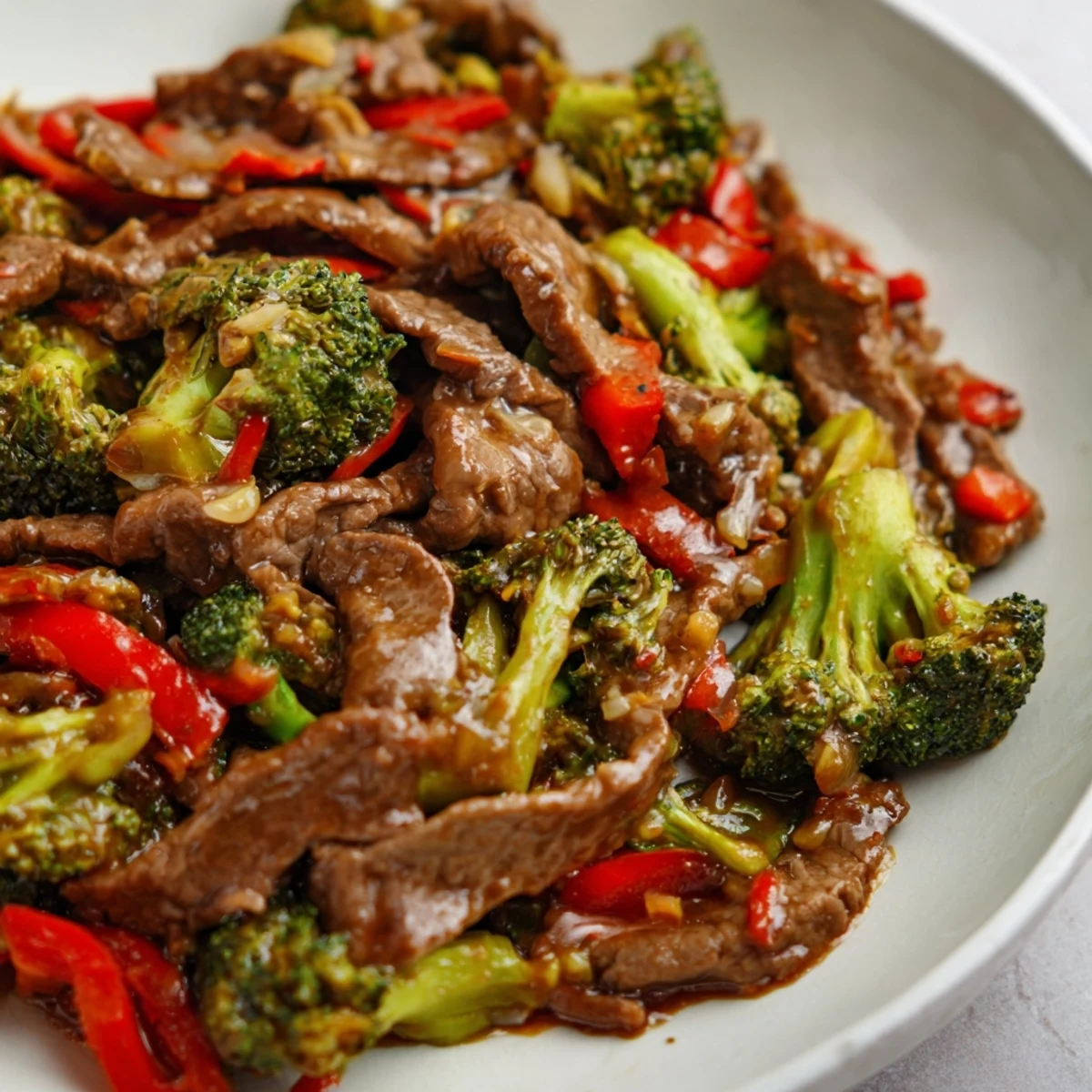 A close-up of a spoon dishing up Spicy Beef Stir Fry with Broccoli, highlighting the savory sauce coating the meat and vibrant vegetables.
