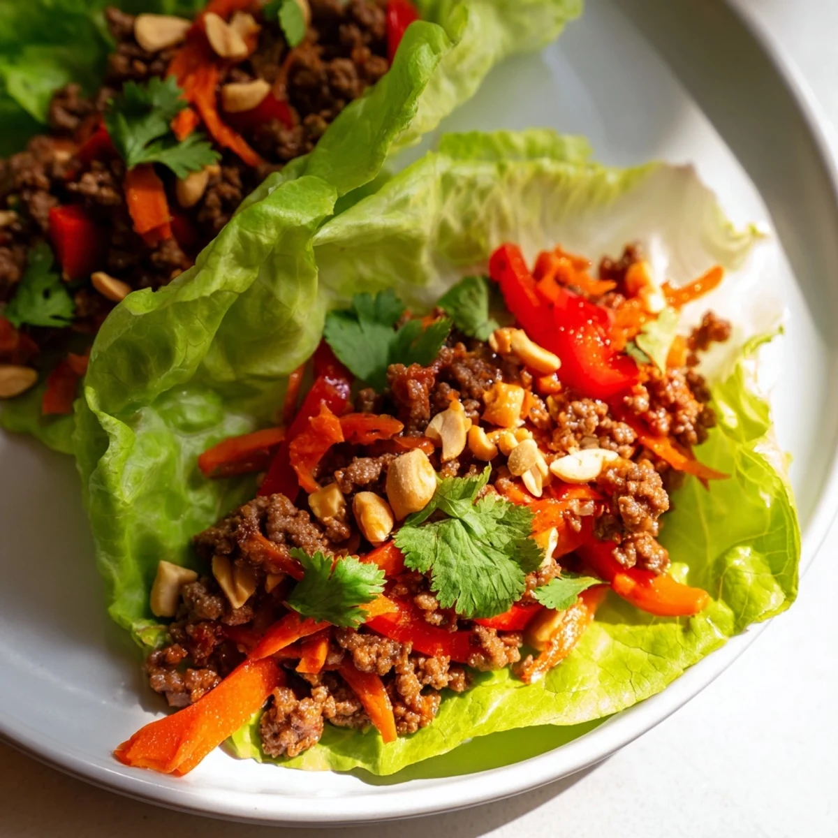 Freshly cooked ground beef with ginger and garlic fills crisp butter lettuce leaves, topped with chopped peanuts and cilantro in these Beef Lettuce Wraps.