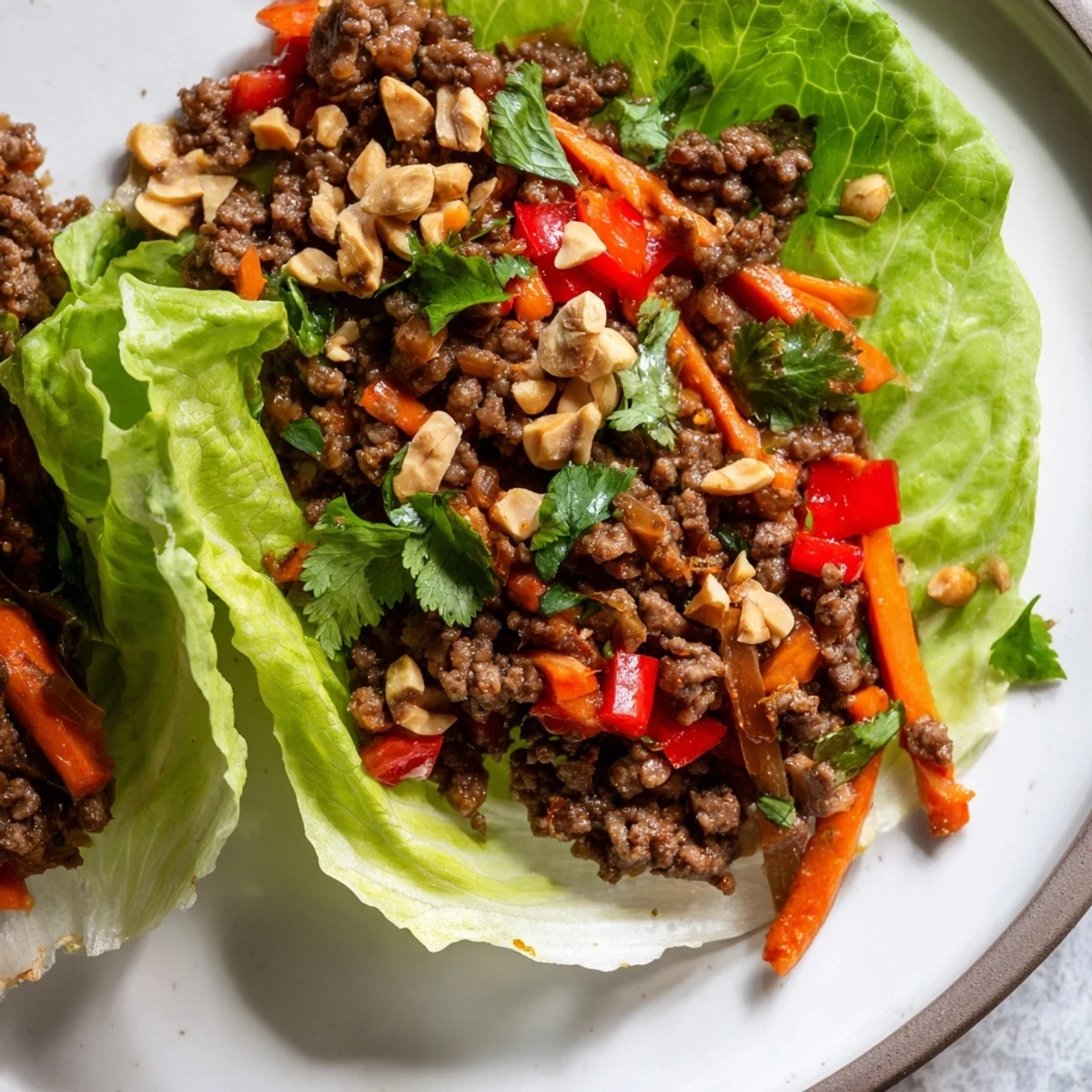 Easy Beef Lettuce Wraps garnished with fresh cilantro and roasted peanuts, ready for a light lunch or shareable appetizer platter.