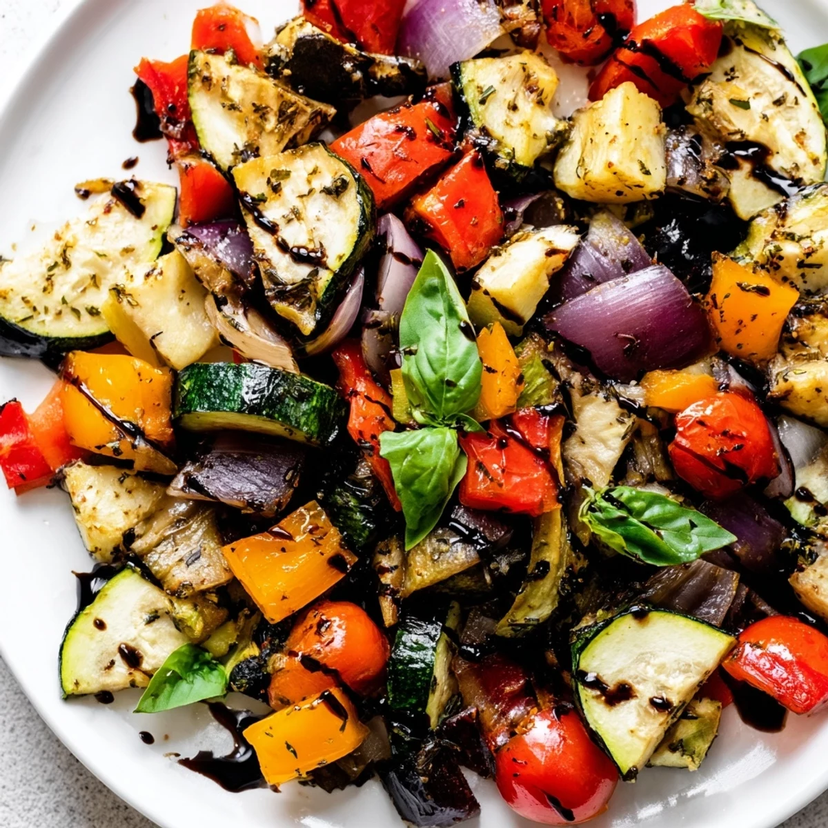 Colorful Roasted Veggies with Italian Herbs mixed with roasted tomatoes on a rustic wooden serving platter.