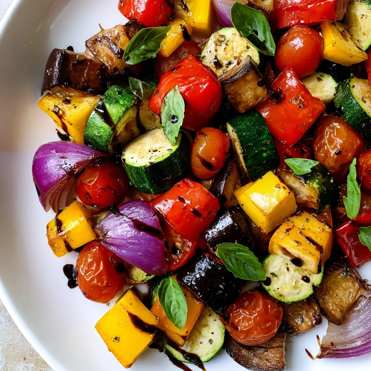 Golden-brown Roasted Veggies with Italian Herbs, fresh from the oven, garnished with basil and a drizzle of balsamic glaze.