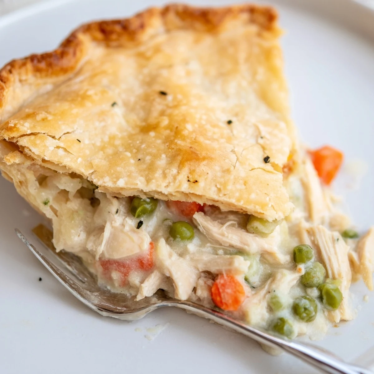 Homemade Chicken Pot Pie with Crust is sliced open to reveal creamy chicken, carrots, and peas inside.