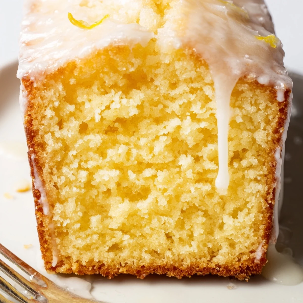 Golden-brown Lemon Loaf with glossy glaze dripping down sides, paired with berries and coffee for a sweet afternoon snack.