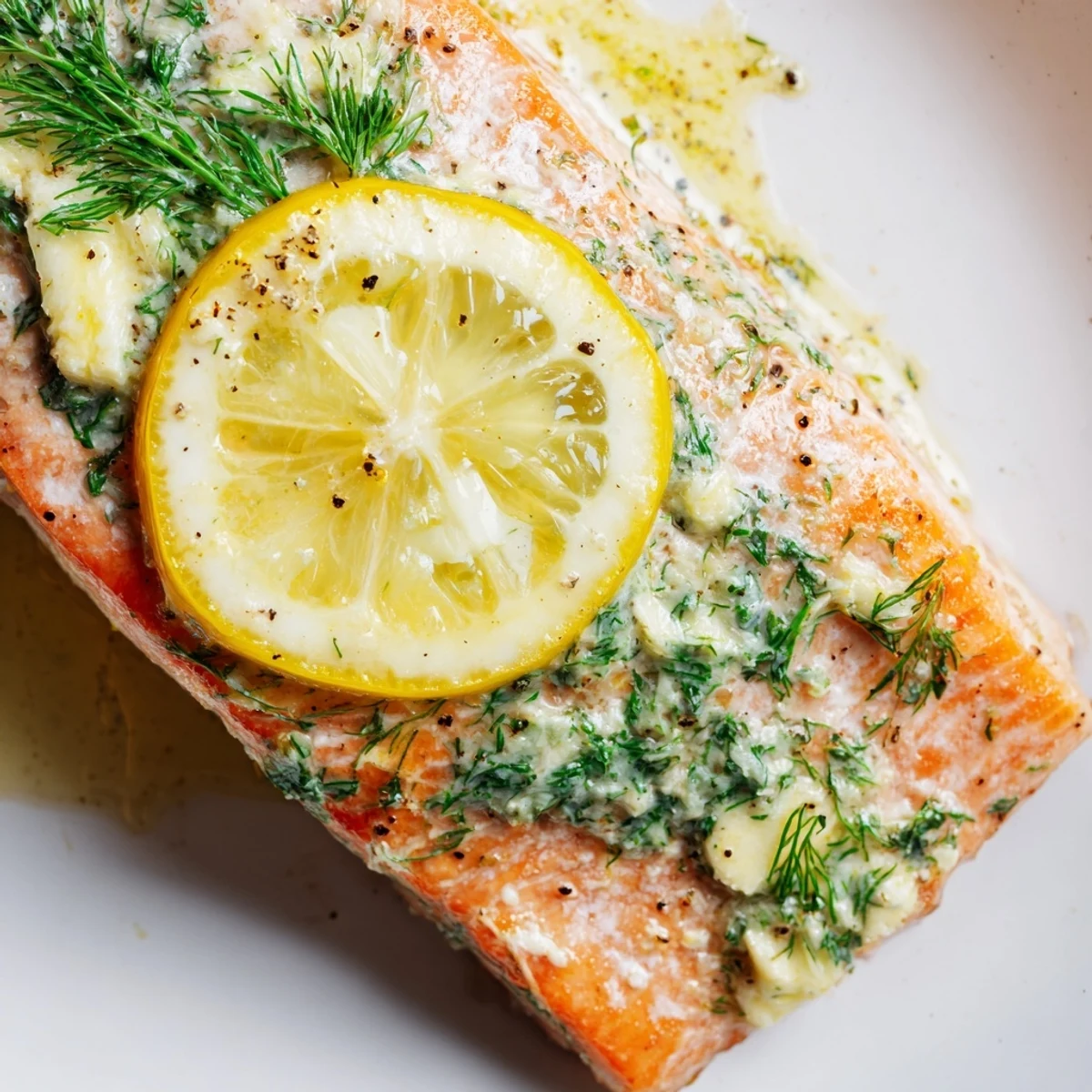 Fork-tender Baked Salmon with Dill Butter glistening with melted herb butter, served with a lemon wedge.