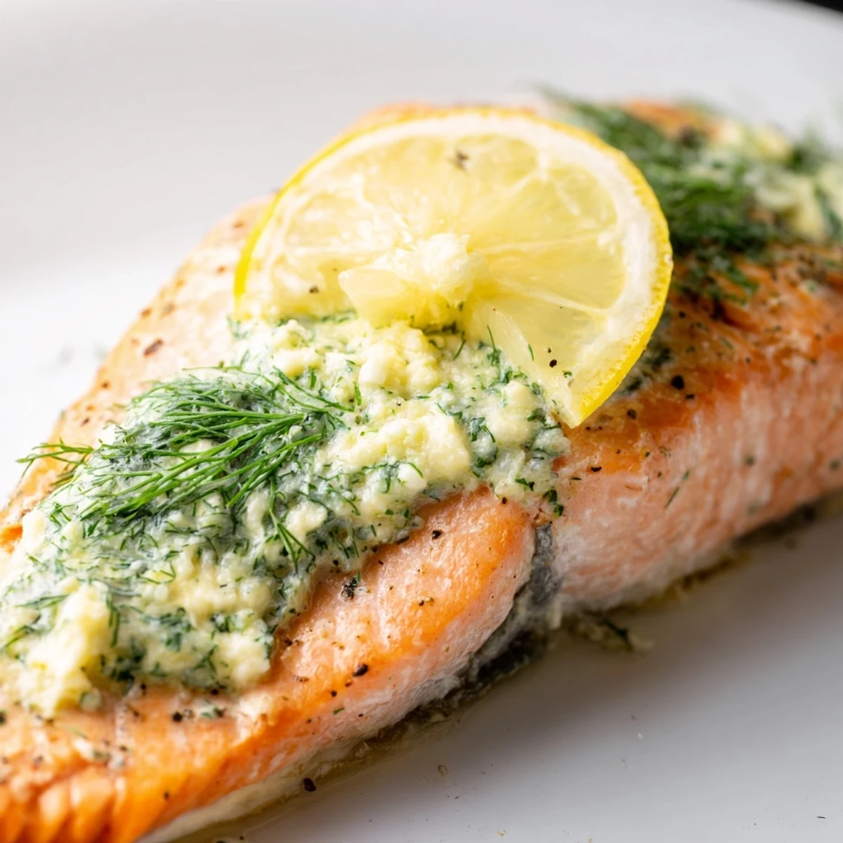 Golden-baked Baked Salmon with Dill Butter sits on a plate, ready to pair with roasted asparagus.