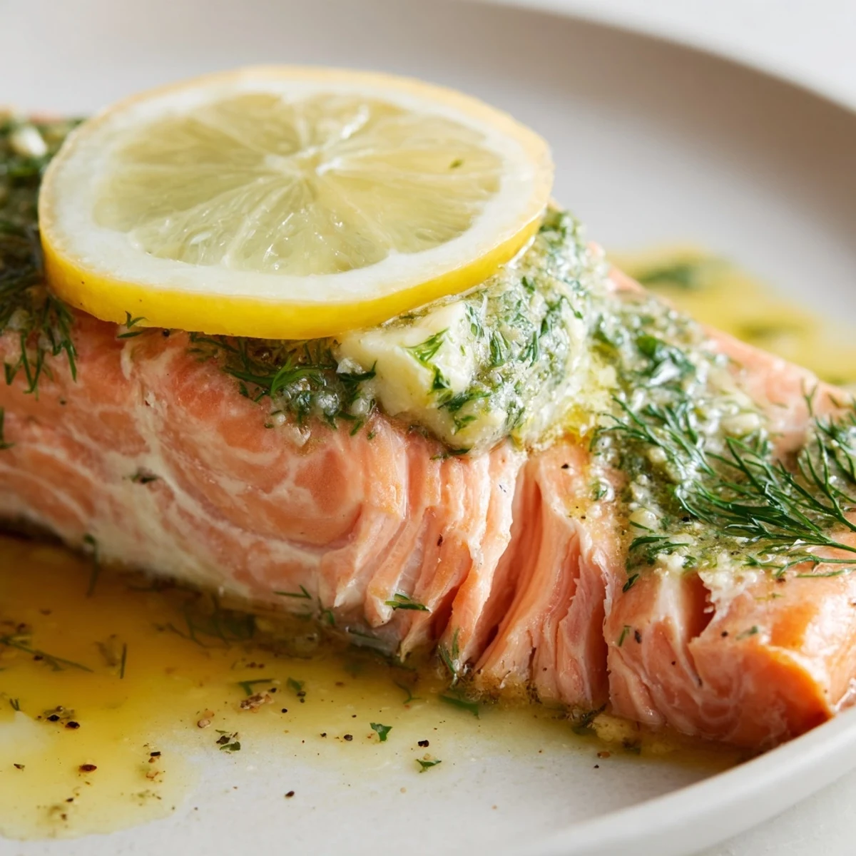 Juicy Baked Salmon with Dill Butter fillets topped with creamy butter, flaking easily with a fork.