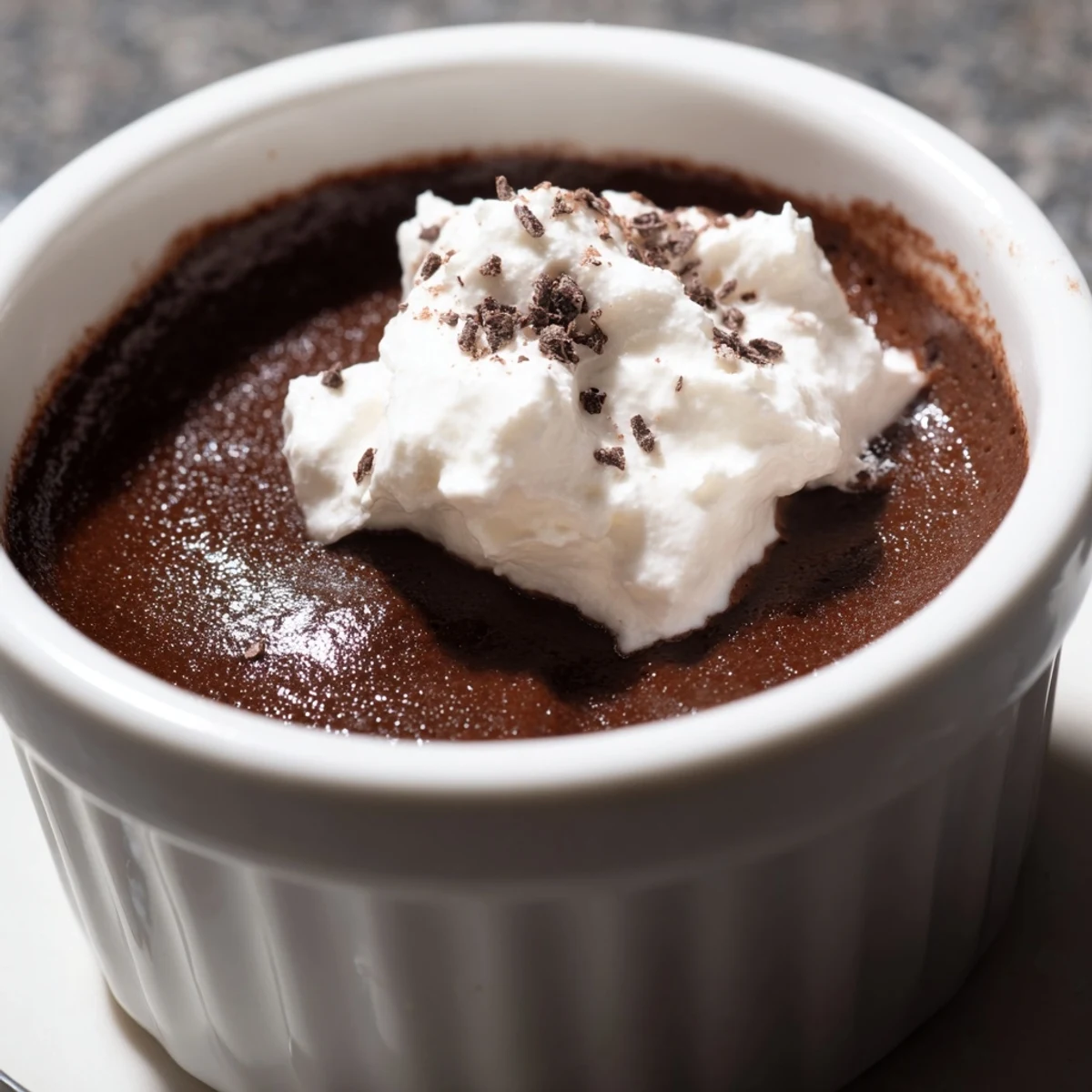 A generous dollop of whipped cream tops the rich chocolate pudding in a clear serving dish.