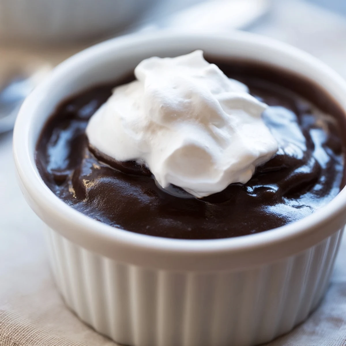 Silky chocolate pudding with cream served in a glass dish with a chocolate shavings garnish.