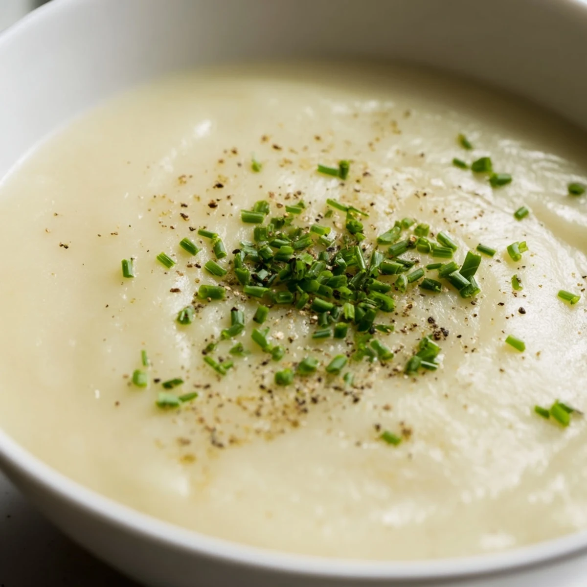 Creamy Leek Soup with Potatoes is garnished with fresh chives, served steaming in a rustic bowl for a cozy meal.